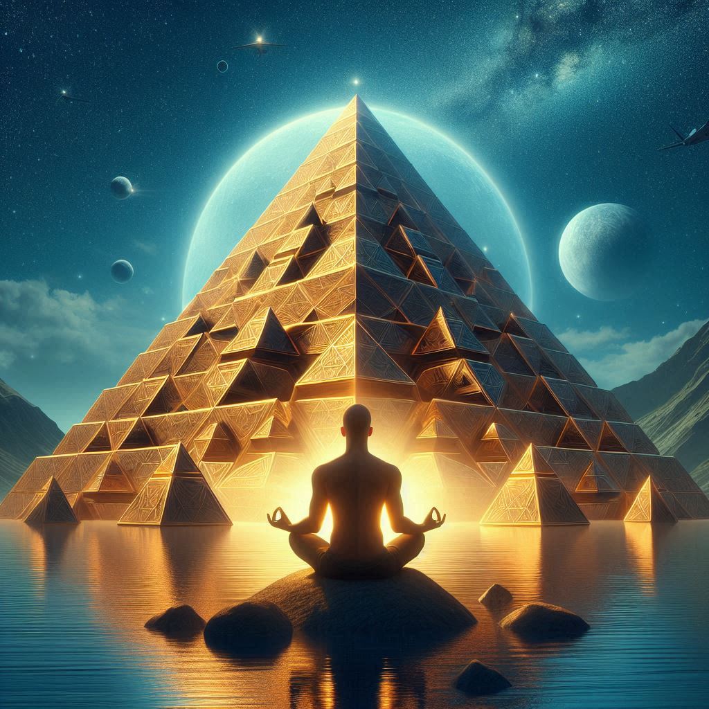 man meditating in front of a pyramid